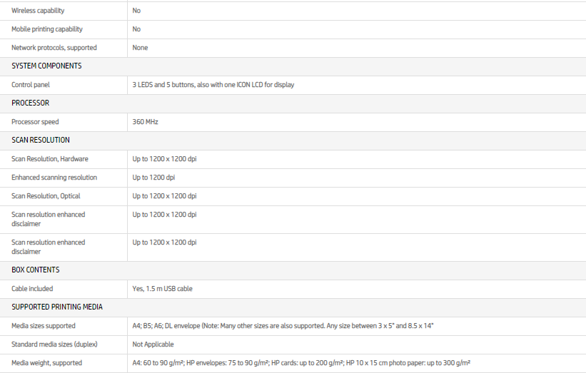 Specifications of the HP INKTANK 315